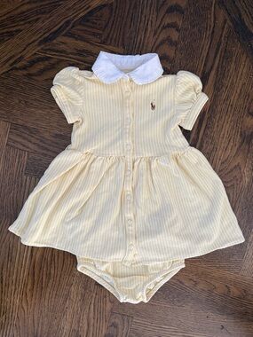 Ralph Lauren Baby Girl Striped Oxford Dress & Bloomers Set Yellow Size 18 Months
